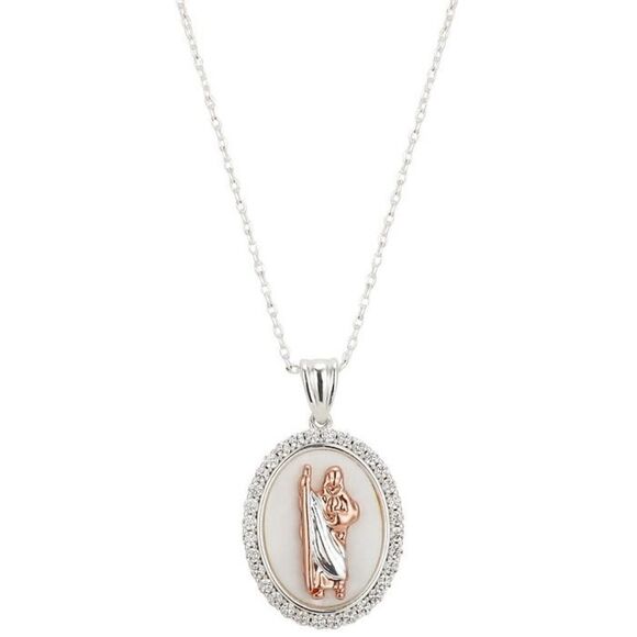Unwritten Gratitude & Grace CZ Mother-of-Pearl Two-Tone Saint Pendant Necklace - Picture 1 of 5